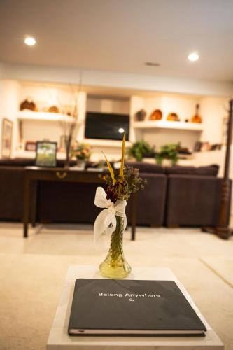 a vase with a flower in it on a table at Beautiful Parkside Suite in Saint James