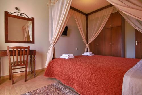 a bedroom with a bed and a mirror and a chair at Petrochori ApartHotel in Petrochori