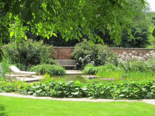 a garden with a bench and a pond with plants at B&B Pastorie van Merkem in Merkem