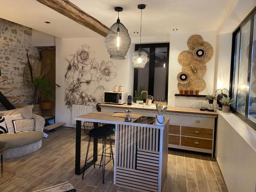 - une cuisine avec îlot central et comptoir dans l'établissement Atelier des Rêves, à La Chapelle-la-Reine