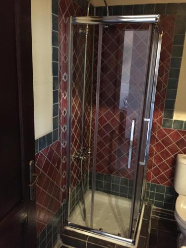 a shower with a glass door in a bathroom at Varosi 4 Seasons in Edessa