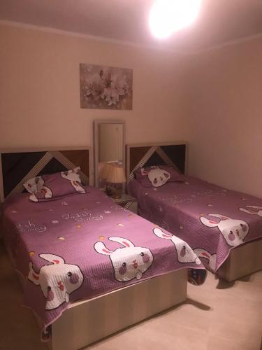 two beds in a bedroom with mice on them at شاليه للإيجار بقريه اكوا فيو الساحل الشمالي in El Alamein