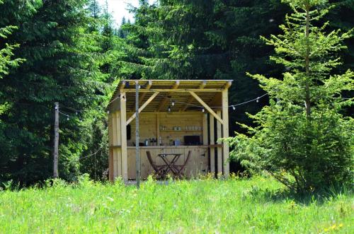 a small wooden building in the middle of a field at Starry Night Retreat in Subcetate