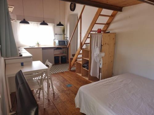 Cette chambre comprend un lit, une table et une cuisine. dans l'établissement Maisonnette et jardin à 5mn de la plage La Ciotat, à Ceyreste