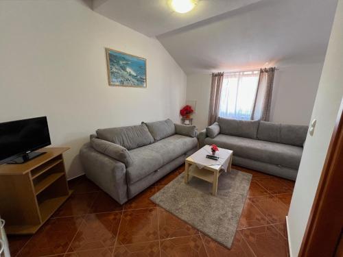 un soggiorno con un divano e una TV di Guest House Laura a Crveni Vrh (Monterosso)