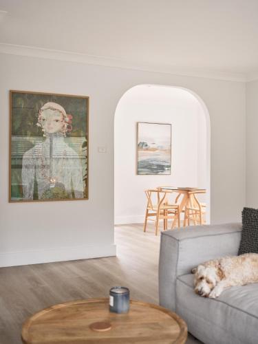 a living room with a dog laying on a couch at Som House 1 in Shoal Bay