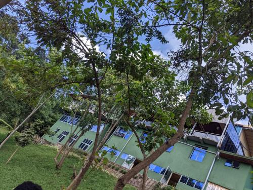 a green building with blue windows and trees at Chimpanzee Lodge in Rwumba