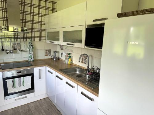 a kitchen with white cabinets and a sink at Vila u potoka in Jindrichuv Hradec