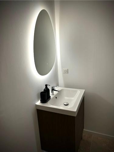 une salle de bain avec un lavabo et un miroir dans l'établissement Casa Una - Hypercentre proche gare SNCF et Port, à Toulon