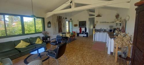 un salon avec un canapé vert et une cuisine dans l'établissement Maison bord de mer, à La Tremblade