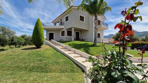 a white house with a palm tree in the yard at Dimitris Villa in Aígio