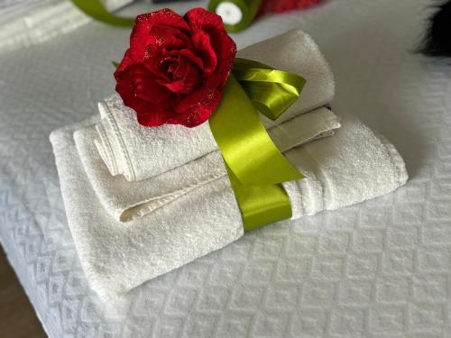 a red rose sitting on top of towels with a flower at Loto Luxury in Trani