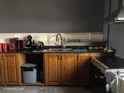 a kitchen with wooden cabinets and a sink and a stove at B&B Saluga Sehel Island Nubian House in Aswan