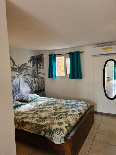 1 dormitorio con 1 cama con cortinas azules y espejo en Ti coin tranquille, en Étang-Salé