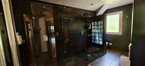 une salle de bain avec une douche aux murs noirs et une douche dans l'établissement Villa de caractère avec piscine à Porticcio, à Grosseto-Prugna