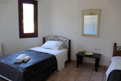 a bedroom with a bed and a mirror on the wall at Aegean View in Áyioi Apóstoloi