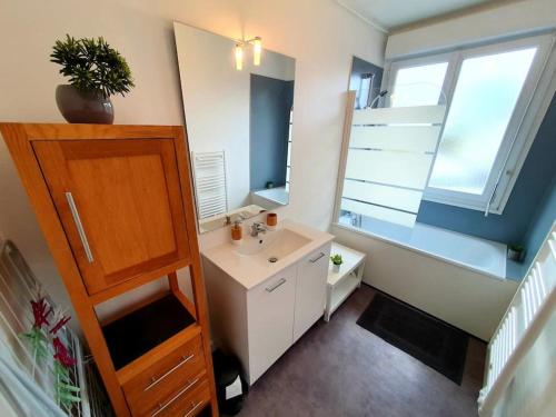 une petite salle de bain avec un lavabo et une fenêtre dans l'établissement LE PROVENCE I Neuf I 2 chambres I Proche Mer I Wifi haut débit, à Saint-Brieuc