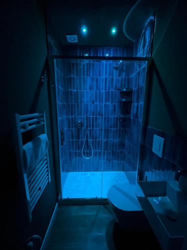 a dark bathroom with a shower with a toilet at Ashur 163 - Mondello in Palermo