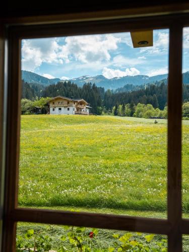 a view from a window of a field with a house at Haus Schatzbergblick in Oberau