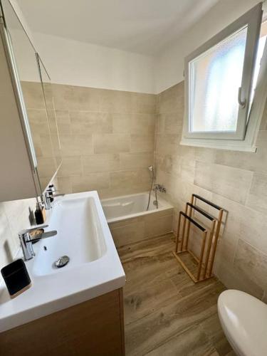 une salle de bain avec un lavabo et une baignoire dans l'établissement Villa Confortable avec Piscine, à San-Gavino-di-Carbini