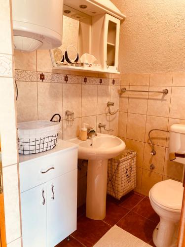 a small bathroom with a sink and a toilet at Lulu Cottage in Žabljak