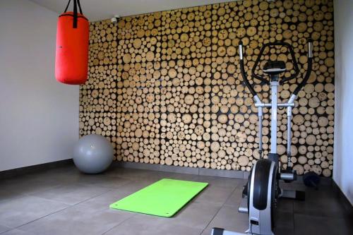 a room with a gym with a treadmill and a wall at Panorama Premium in Kościelisko