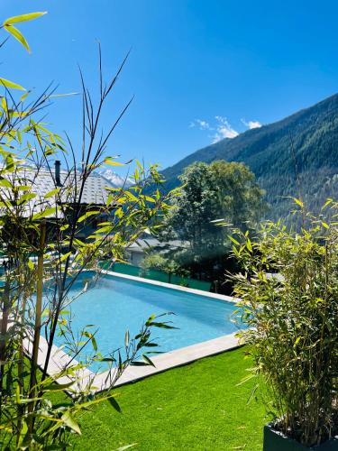 - une piscine dans une cour avec des montagnes en arrière-plan dans l'établissement Appartement situé en rez de jardin avec piscine privée en été, à Séez