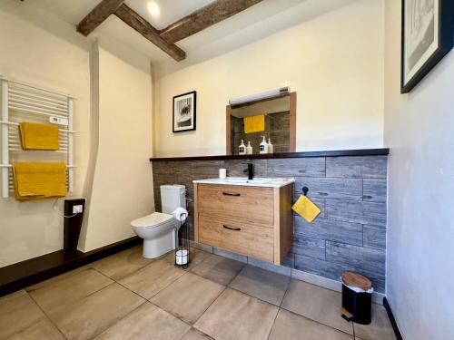 une salle de bain avec un lavabo et des toilettes dans l'établissement Les Trois Cheminees, à Fromental