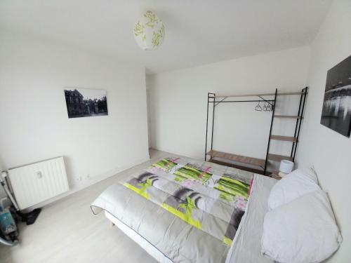 une chambre avec un lit dans une pièce blanche dans l'établissement Appartement 28m2 avec balcon proche gare SNCF, café thé WIFI gratuits - Netflix - Balcon, à Orléans