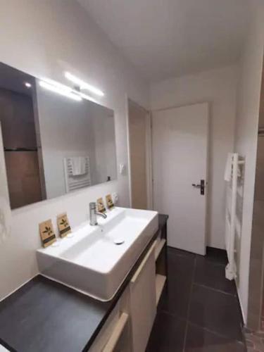 une salle de bain avec un lavabo blanc et un miroir dans l'établissement Le QG, à Vienne