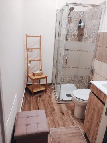 a bathroom with a toilet and a glass shower at Casa Vacanze Scyauru in Santa Elisabetta