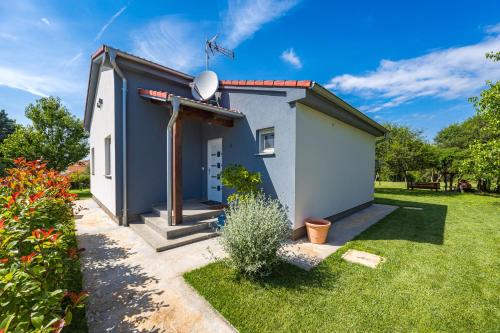 a small blue house with a antenna on top of it at Holiday house Mirna with swimming pool and jacuzzi in Pula