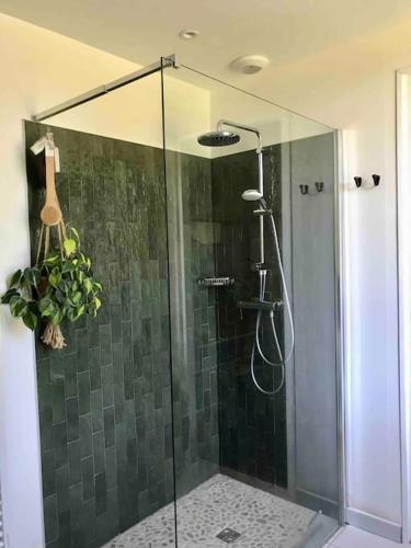 une salle de bain avec une douche avec une porte vitrée dans l'établissement Délicieuse maison landaise lumineuse et cosy, à Soustons