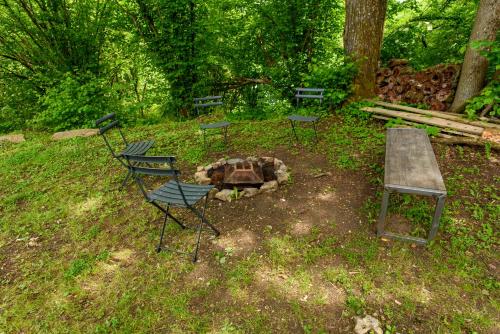 a group of chairs and a fire pit in a yard at Chata Auri / Hütte Auri in Kaplice