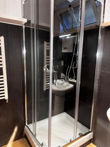 a bathroom with a shower with a sink at Casa di Nia Pietralata in Rome