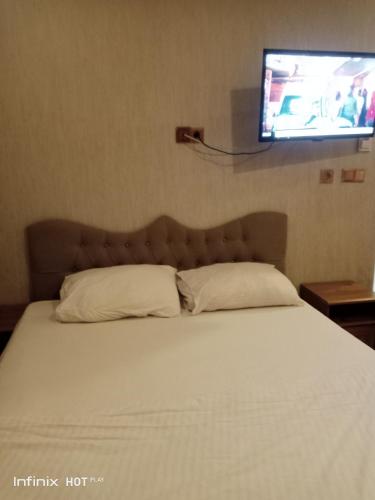 a bed with two pillows and a tv on the wall at Family Hotel Taksim in Istanbul