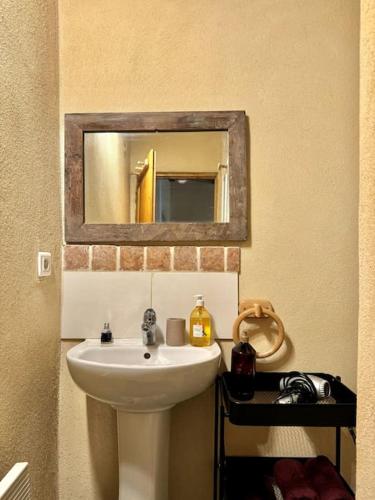 une salle de bain avec un lavabo blanc et un miroir dans l'établissement Cocon au coeur de la vieille ville, à Annecy