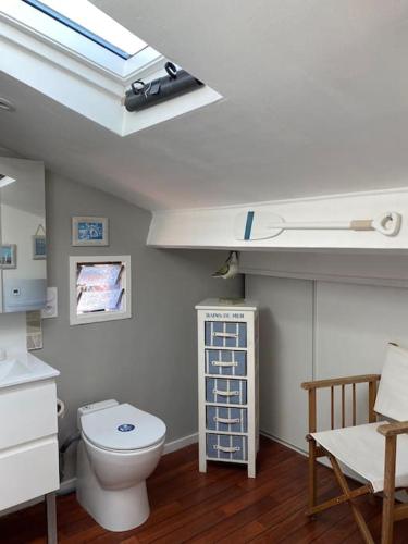 La salle de bains est pourvue de toilettes blanches et d'une lucarne. dans l'établissement Villa avec piscine au bassin d'Arcachon, à Gujan-Mestras