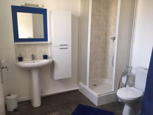 ein Badezimmer mit Waschbecken, Toilette und Spiegel in der Unterkunft Beau studio appart meublé à La Suze Dispo septembre 2025 in La Suze-sur-Sarthe