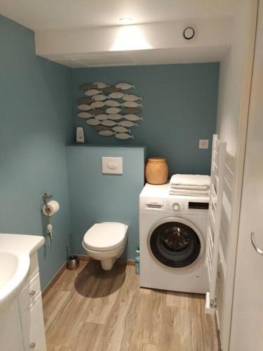 une salle de bain avec machine à laver et toilettes dans l'établissement Très joli T2 indépendant 250 m2 jardin privatif, à Saint-Malo