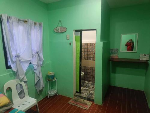 a green bathroom with a shower and a mirror at Sevene Transient Inn in Puerto Princesa City
