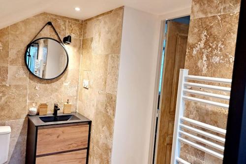 ein Badezimmer mit Waschbecken und Spiegel in der Unterkunft Coup de Cœur D'Auxerre in Auxerre