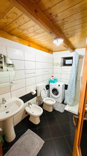 a bathroom with two toilets and a sink and a washing machine at Apartment Paolo in Senj