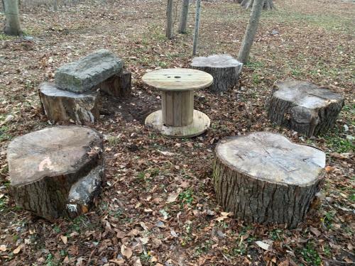 a bird feeder sitting on top of some logs at Vingårdens Bed & Breakfast in Helsingborg