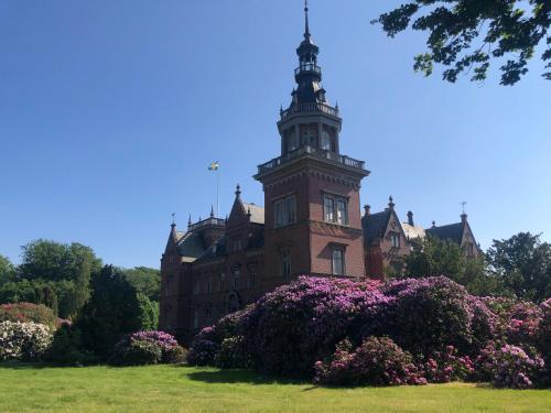 a large building with a clock tower with purple flowers at Vingårdens Bed & Breakfast in Helsingborg