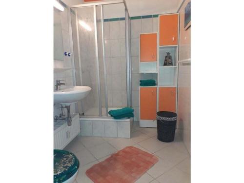a bathroom with a shower and a sink at Evening sun Comfortable holiday residence in Schönberg