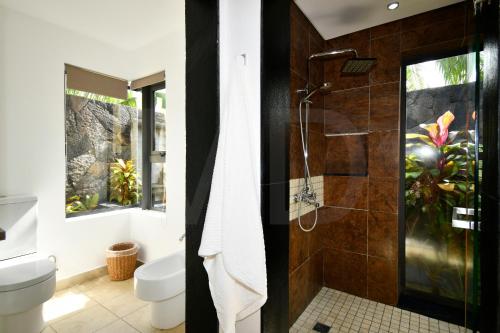 a bathroom with a shower and a toilet at Villa Corallia, Tropical Villa in Bel Ombre