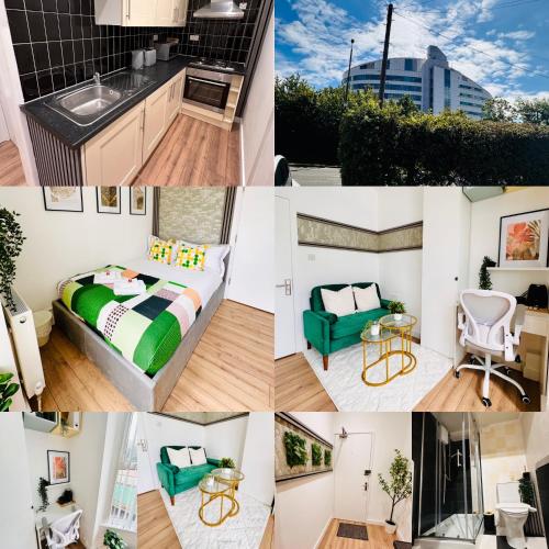 a collage of photos of a kitchen and a bedroom at Stylish Private Room opposite Queen Elizabeth Hospital - Harborne Birmingham RA in Birmingham