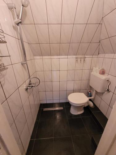 a bathroom with a toilet in a tiled room at Balázs Holiday Apartment in Băile Tuşnad