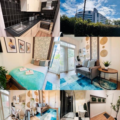a collage of photos of a kitchen and a living room at Elegant Private Room opposite Queen Elizabeth Hospital - Harborne Birmingham R2 in Birmingham